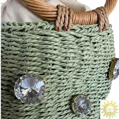 Raffia Jewelled Barrel Bag with double Wicker Handles in colour Pistacchio