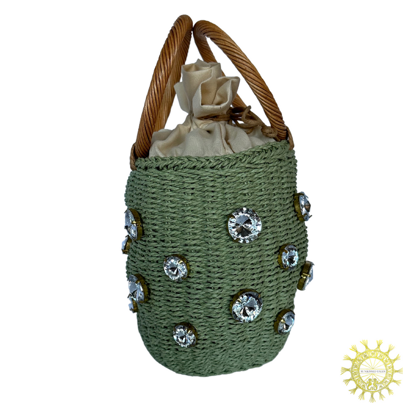 Raffia Jewelled Barrel Bag with double Wicker Handles in colour Pistacchio