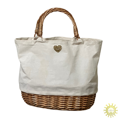 Cotton Canvas Bag lined with wipeable coating with Wicker Basket Base and double Handles in colour Sugar