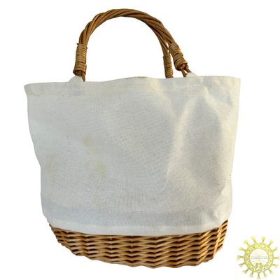 Cotton Canvas Bag lined with wipeable coating with Wicker Basket Base and double  Handles in colour Sugar