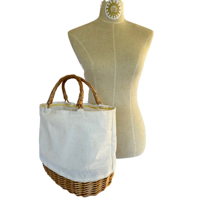 Cotton Canvas Bag lined with wipeable coating with Wicker Basket Base and double Handles in colour Sugar