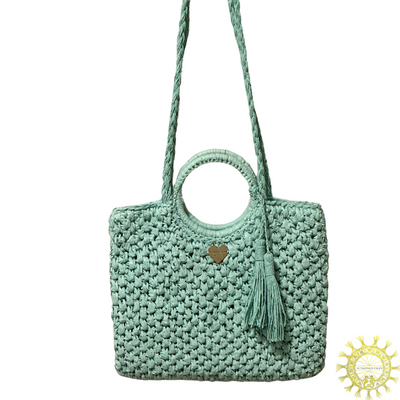 Raffia Bag with Tassels and Long Shoulder Straps and Handles in Spearmint