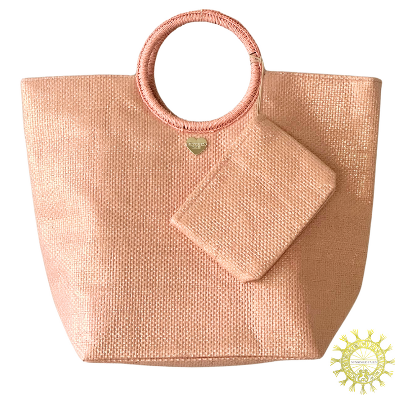 Raffia Beach bag with double Ring Handles and matching Vanity Bag in Gin Daisy