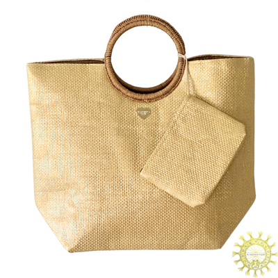 Raffia Beach bag with double Ring Handles and matching Vanity Bag in Prosecco