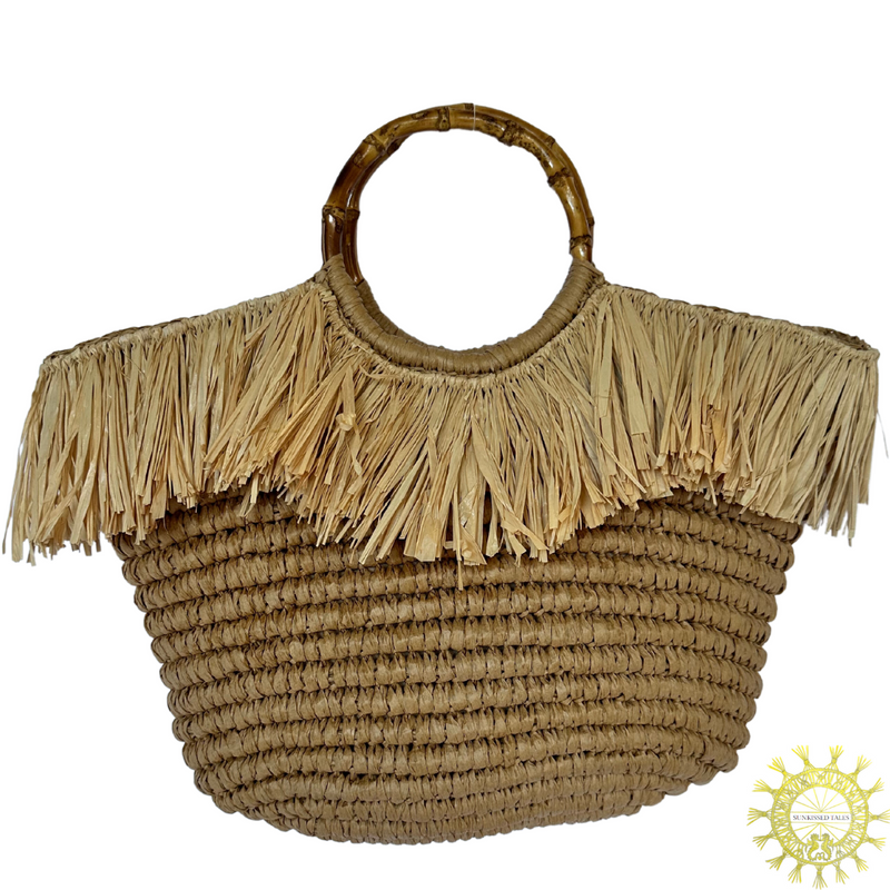 Raffia Bag with straw fringing trim around top of bag and double Bamboo handles 