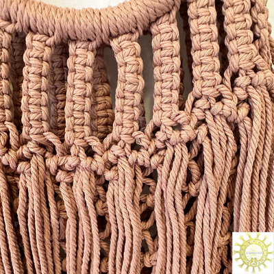 Woven Macrame Bag with fringe cascade and Bamboo ring Handles in Dusty Pink