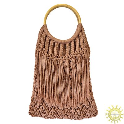 Woven Macrame Bag with fringe cascade and Bamboo ring Handles in Dusty Pink