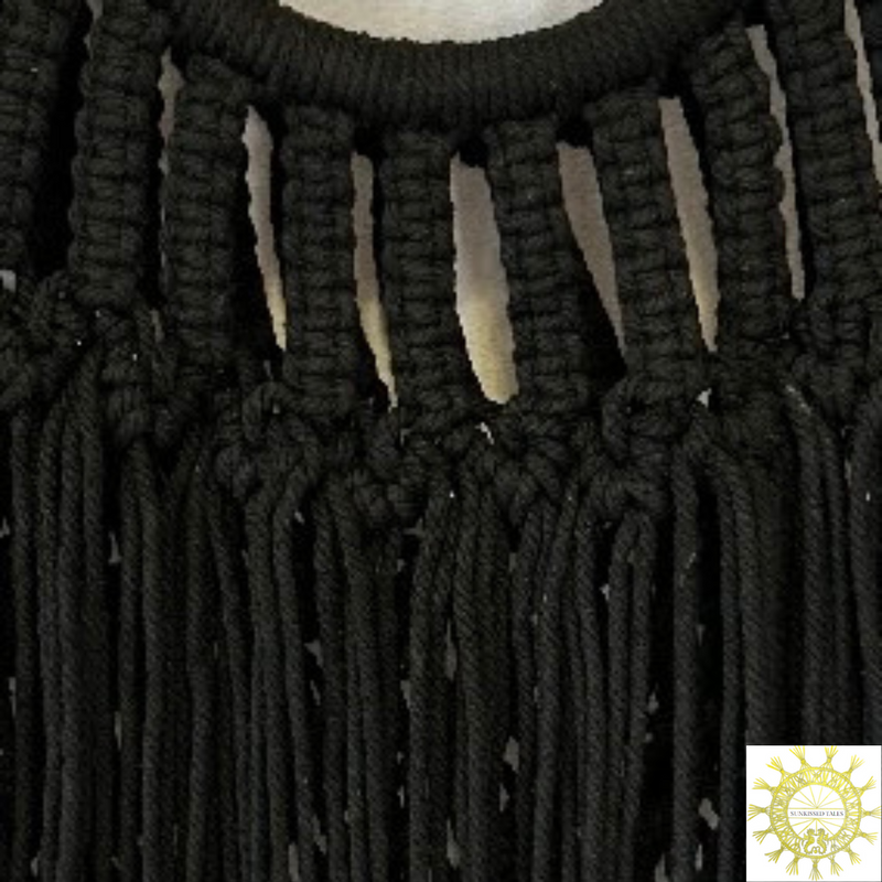 Woven Macrame Bag with fringe cascade and Bamboo ring Handles in Volcanic Ash