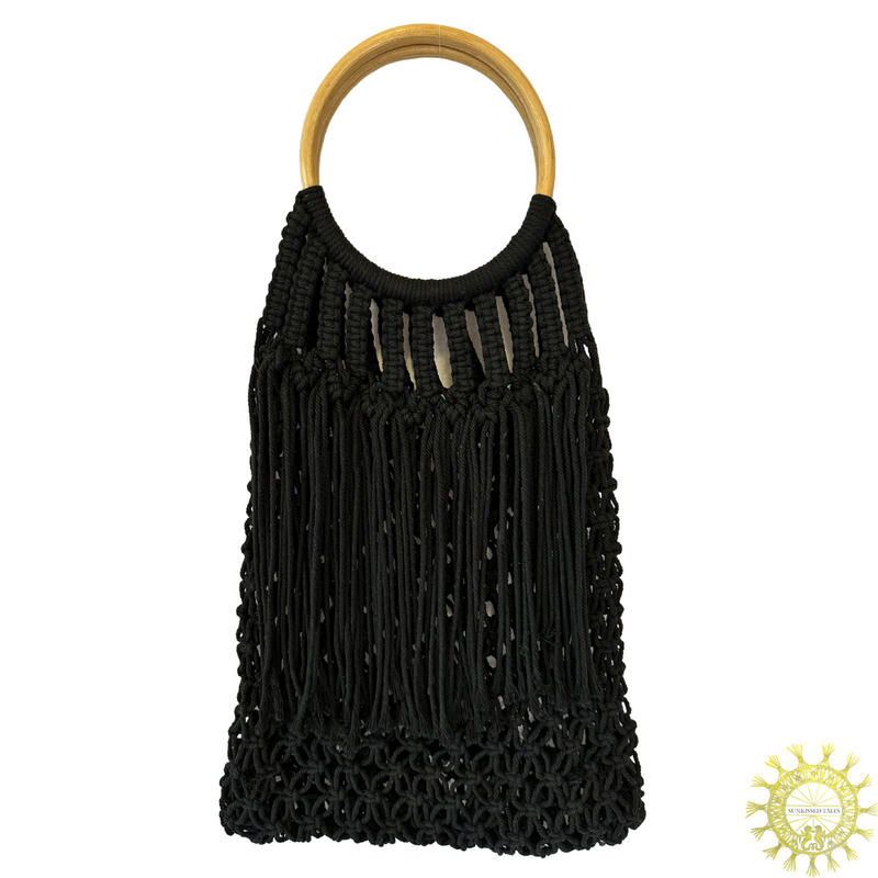 Woven Macrame Bag with fringe cascade and Bamboo ring Handles in Volcanic Ash