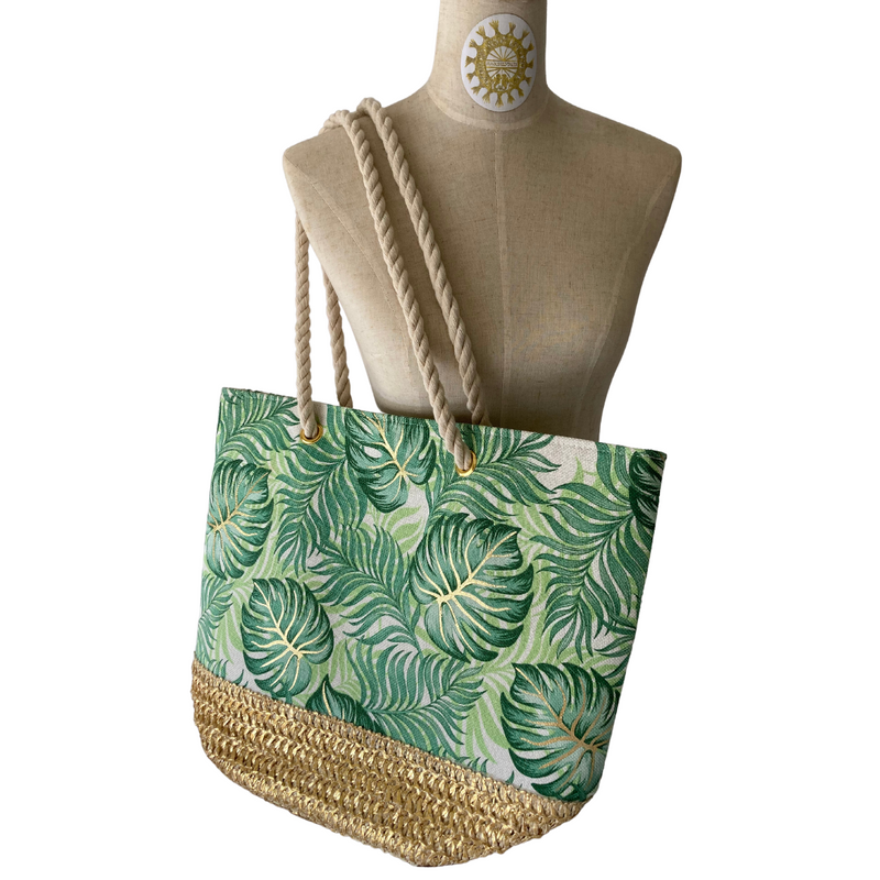 Foliage Printed Canvas Beach bag with Rope Straps and matching Vanity Bag in Emerald Isle