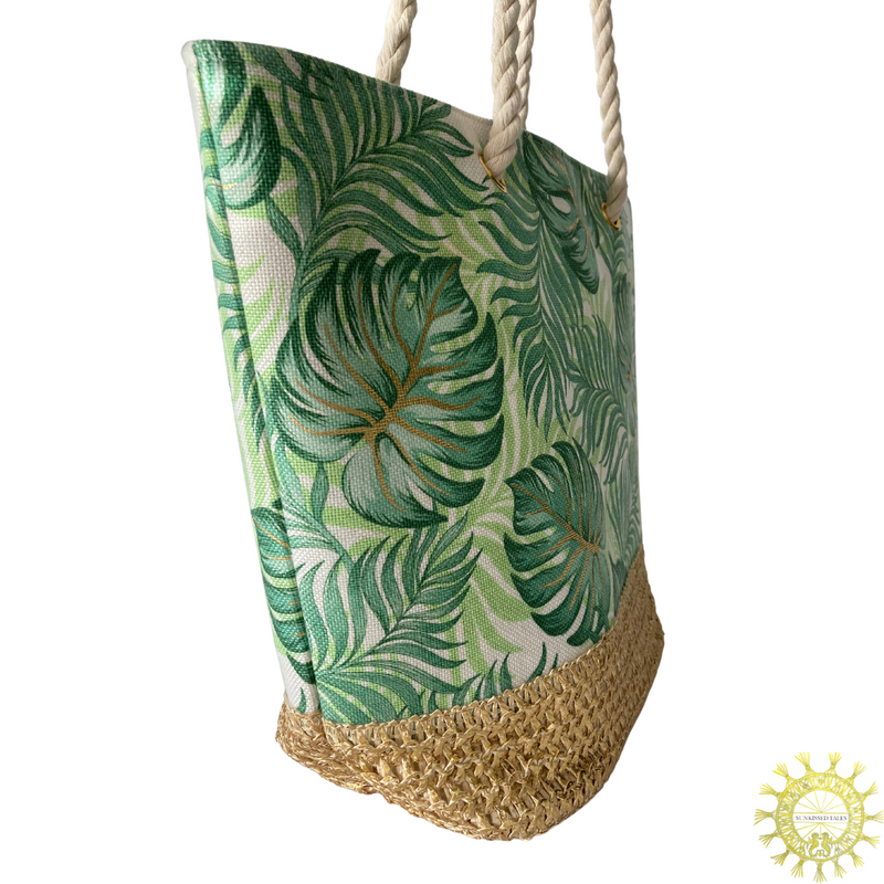 Foliage Printed Canvas Beach bag with Rope Straps and matching Vanity Bag in Emerald Isle