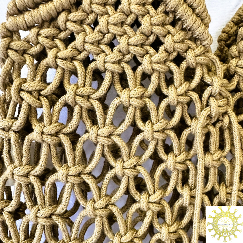 Macrame woven Bag with double Shoulder Straps and ties detail in Suntan