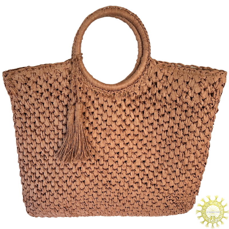 Raffia Bag with Tassels and ring Handles in colour Primrose