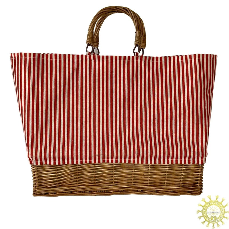 Striped Cotton Canvas lined Bag with Wicker Basket Base and double Handles in Berry Stripe