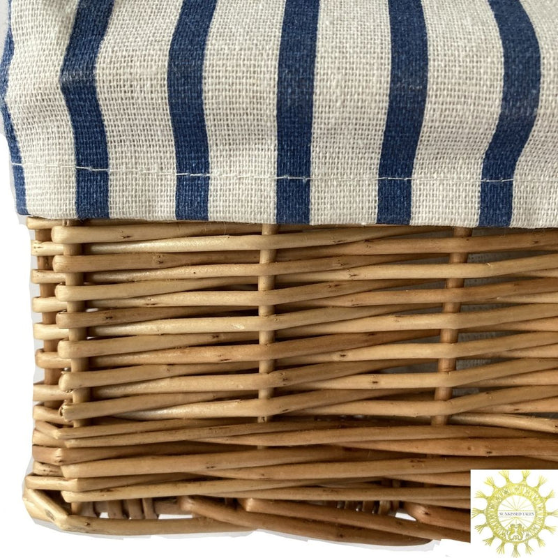 Striped Cotton Canvas lined Bag with Wicker Basket Base and double Handles in Ocean Stripe