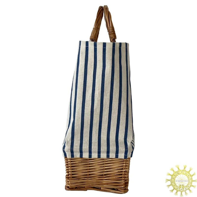 Striped Cotton Canvas lined Bag with Wicker Basket Base and double Handles in Ocean Stripe