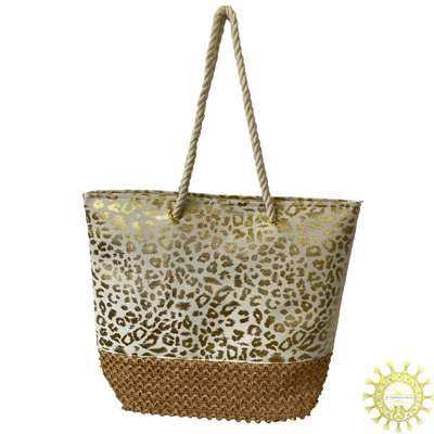 Leopard Printed Canvas Beach Bag with Rope Straps in Champagne Julep