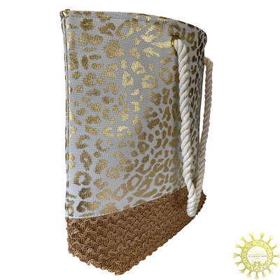 Leopard Printed Canvas Beach Bag with Rope Straps in Champagne Julep