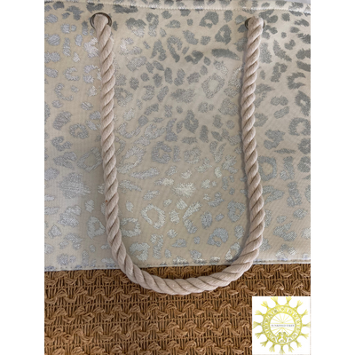 Leopard Printed Canvas Beach Bag with Rope Straps in Diamond Fizz