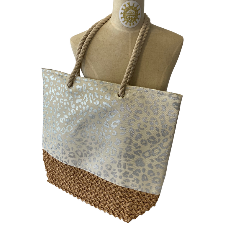 Leopard Printed Canvas Beach Bag with Rope Straps in Diamond Fizz