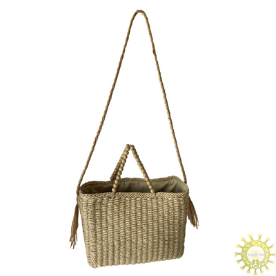 Raffia Bag with Woven Shoulder Strap and wooden beaded hand straps in Seasand
