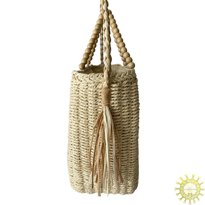 Raffia Bag with Woven Shoulder Strap and wooden beaded hand straps in Seasand