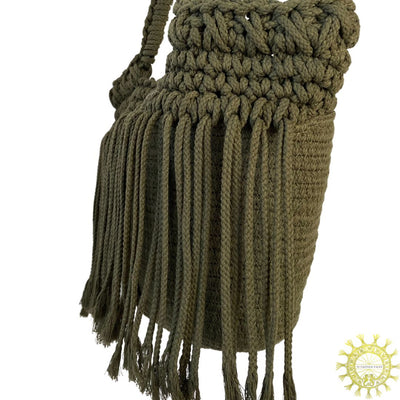 Woven Cord double Hand Strap Bag with Fringing Cascade in Olive Grove