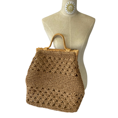 Raffia woven Handbag with Bamboo Handles in Suntan