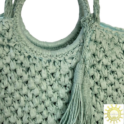 Raffia Bag with Tassels and Long Shoulder Straps and Handles in Spearmint