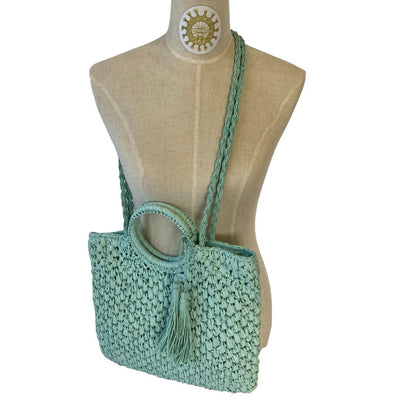 Raffia Bag with Tassels and Long Shoulder Straps and Handles in Spearmint