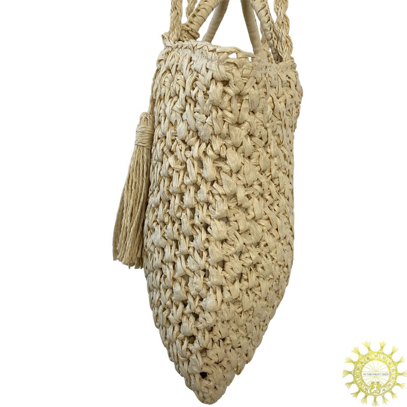 Raffia Bag with Tassels and Long Shoulder Straps and Handles in Seasand