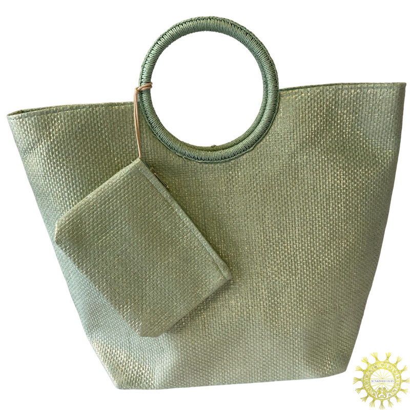Raffia Beach bag with double Ring Handles and matching Vanity Bag in Appletini