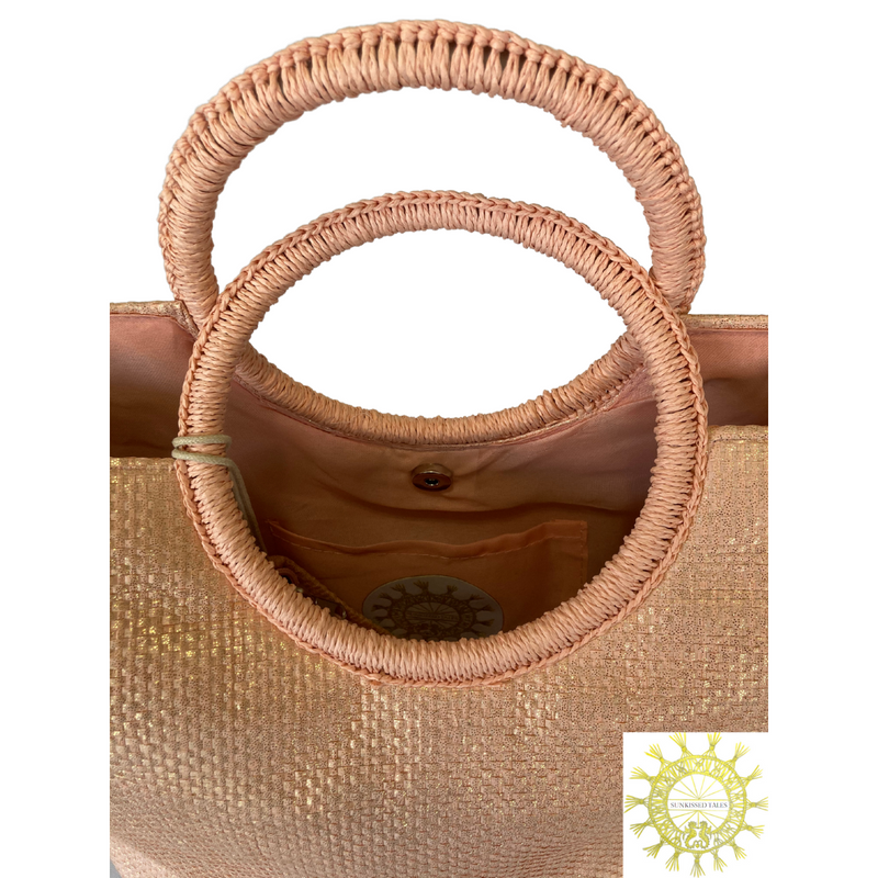 Raffia Beach bag with double Ring Handles and matching Vanity Bag in Gin Daisy