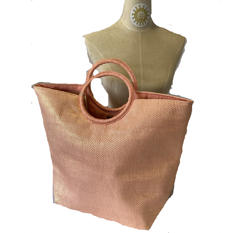 Raffia Beach bag with double Ring Handles and matching Vanity Bag in Gin Daisy